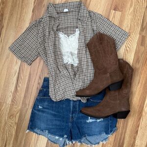 Vintage 90s Xers Plaid Short Sleeve Tie Back Blouse with Pewter Buttons